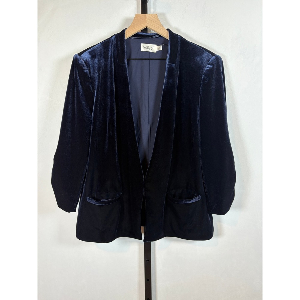 Eliza J Velvet Blazer Women XL Navy Blue Ruched 3/4 Sleeve Cocktails Holiday